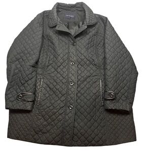 LANDS End Diamond Quilted Jacket Barn Chore Womens 3x 24-26 Black Leather Trim